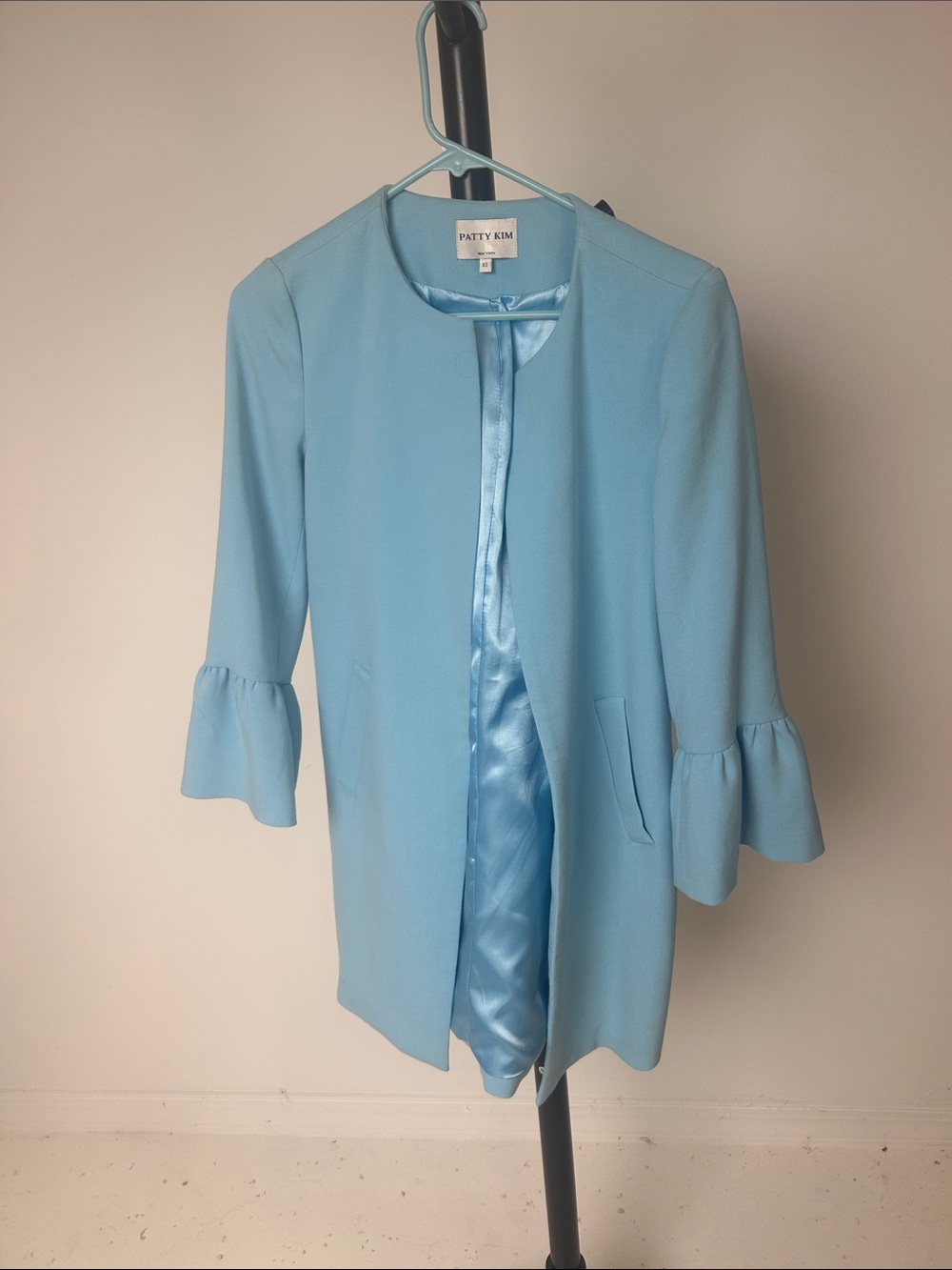 PATTY KIM Pastel Blue Ruffle-Sleeve Trench Coat